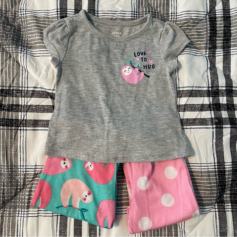Carter’s “Love to Hug” Sloth with 2 matching pants set
Girls size: 12 Months